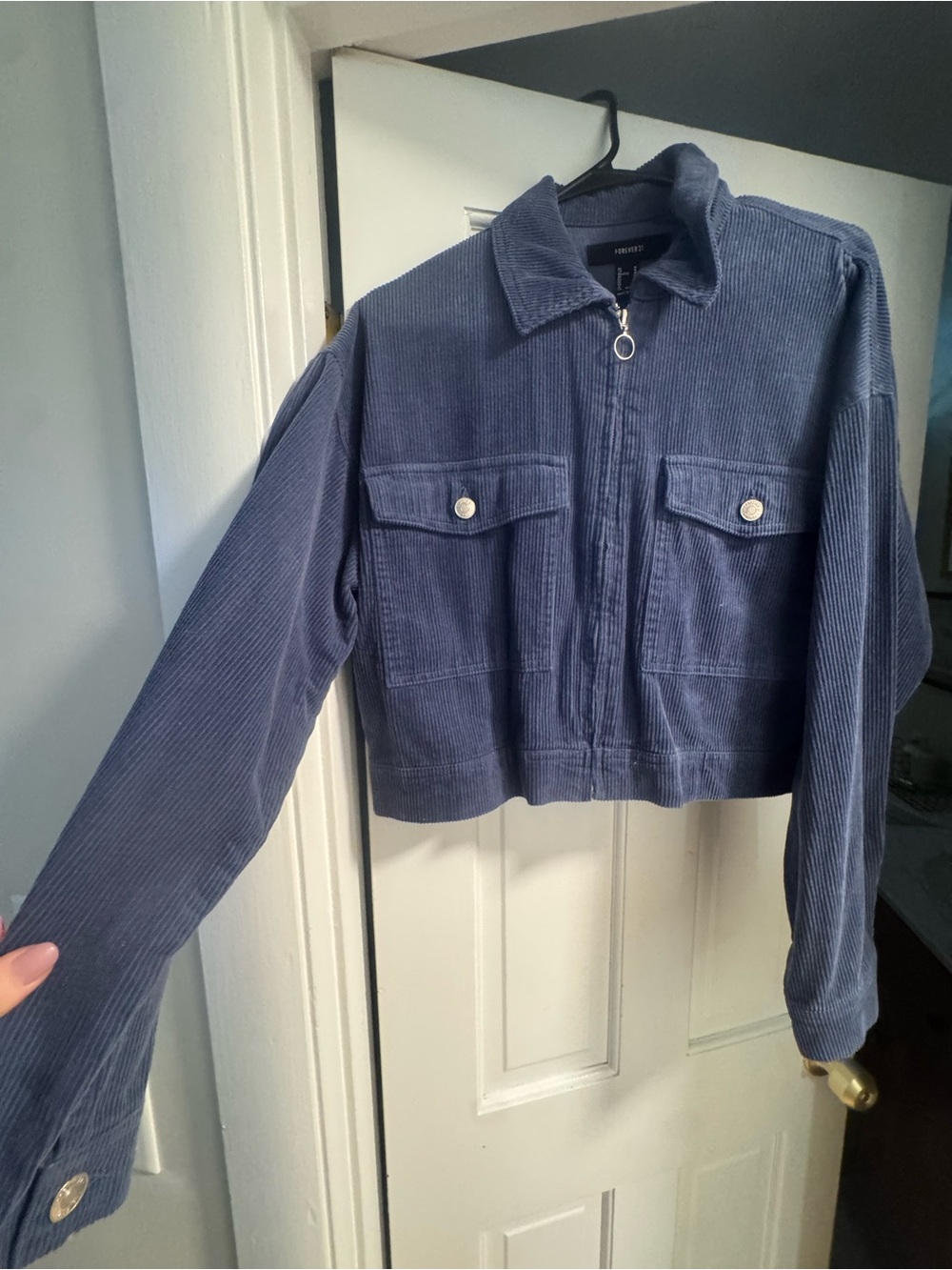 Forever 21 Navy Corduroy Zip-Up Cropped Jacket